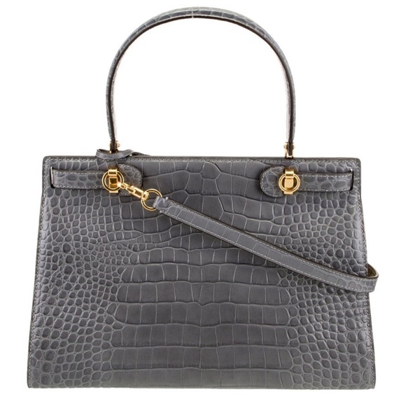 LEE RADZIWILL TORY BURCH BAG CROC EMBOSSED GREY CREAM SATCHEL SHOULDER BAG PURSE - Picture 6 of 13
